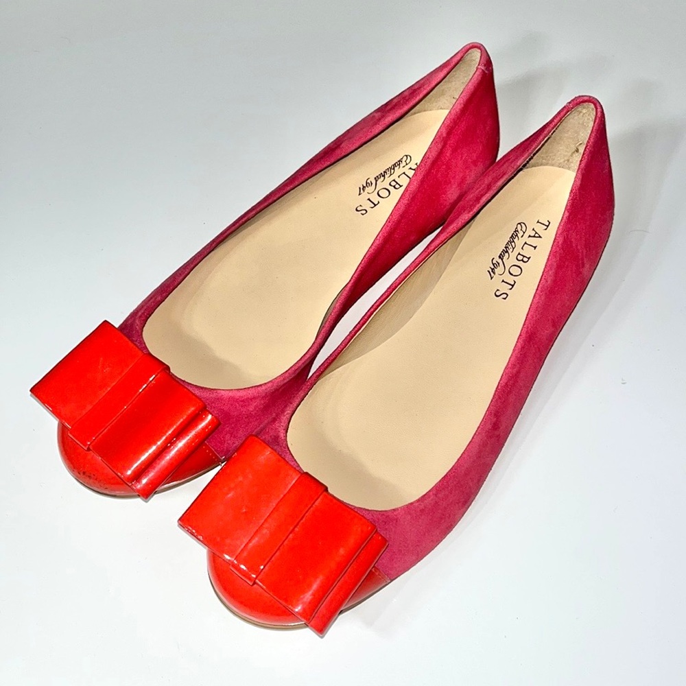 Talbots Suede Ballet Flats Leather Bow Woman's size 7.5 pink red